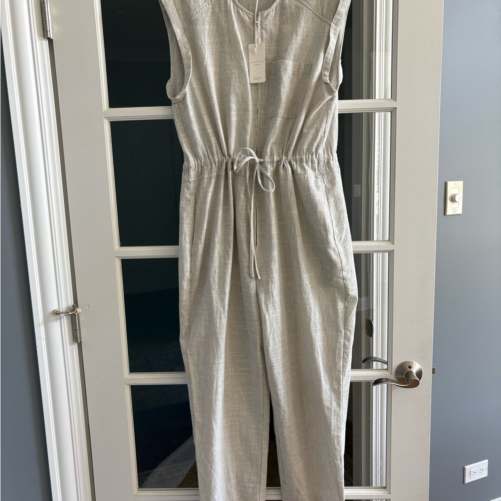 NWT Stylish Gray and white striped linen Jumpsuit